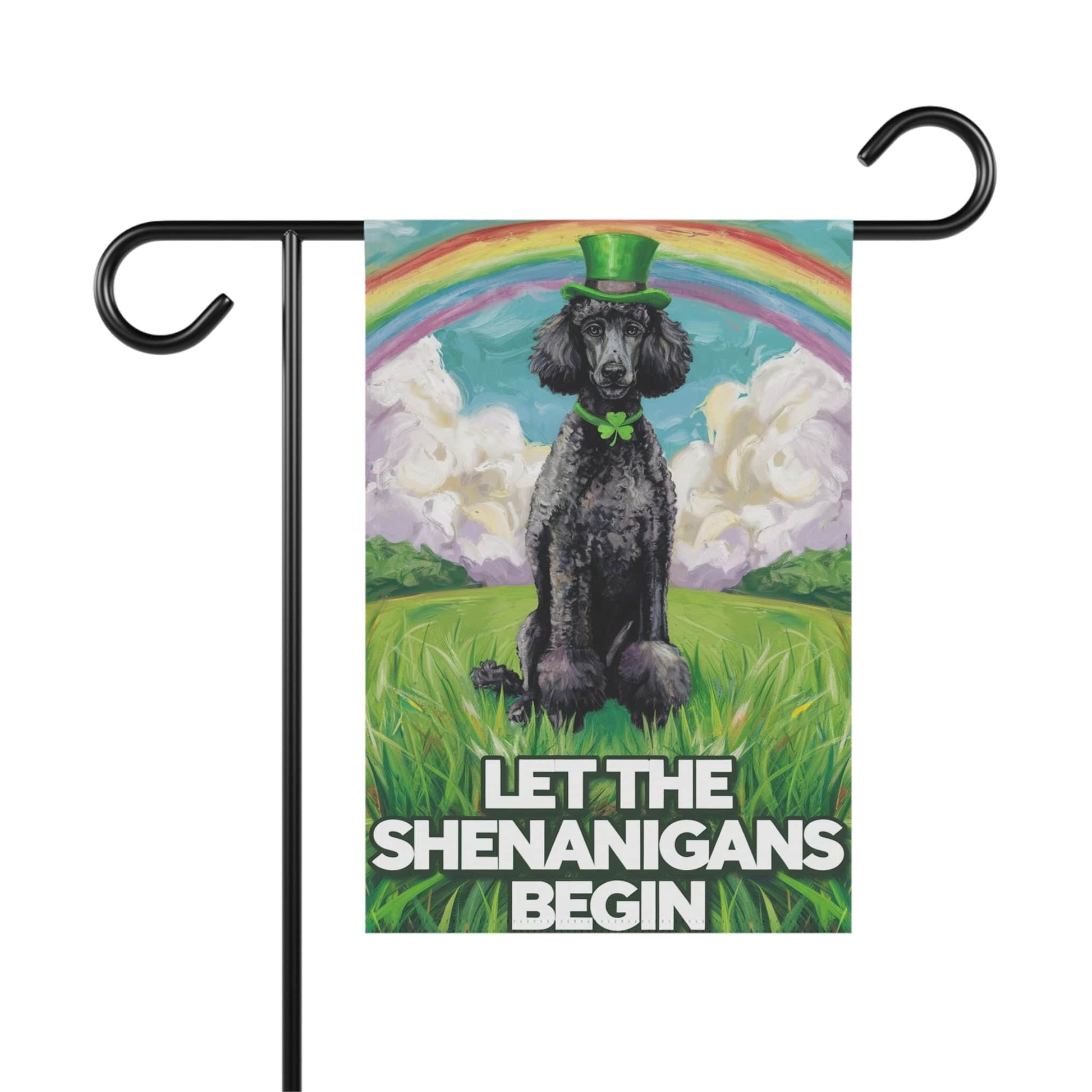Printify Home Decor 12'' × 18'' St. Patrick's Day Black Poodle, Lucky Pot of Gold, Rainbow Leprechaun Dog, Pet Garden Flag