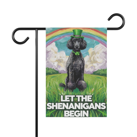 Printify Home Decor 12'' × 18'' St. Patrick's Day Black Poodle, Lucky Pot of Gold, Rainbow Leprechaun Dog, Pet Garden Flag