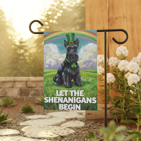 St. Patrick's Day Black Scottish Terrier Yard Flag, Rainbow Dog, Pet Garden Flag, Front Lawn Decor