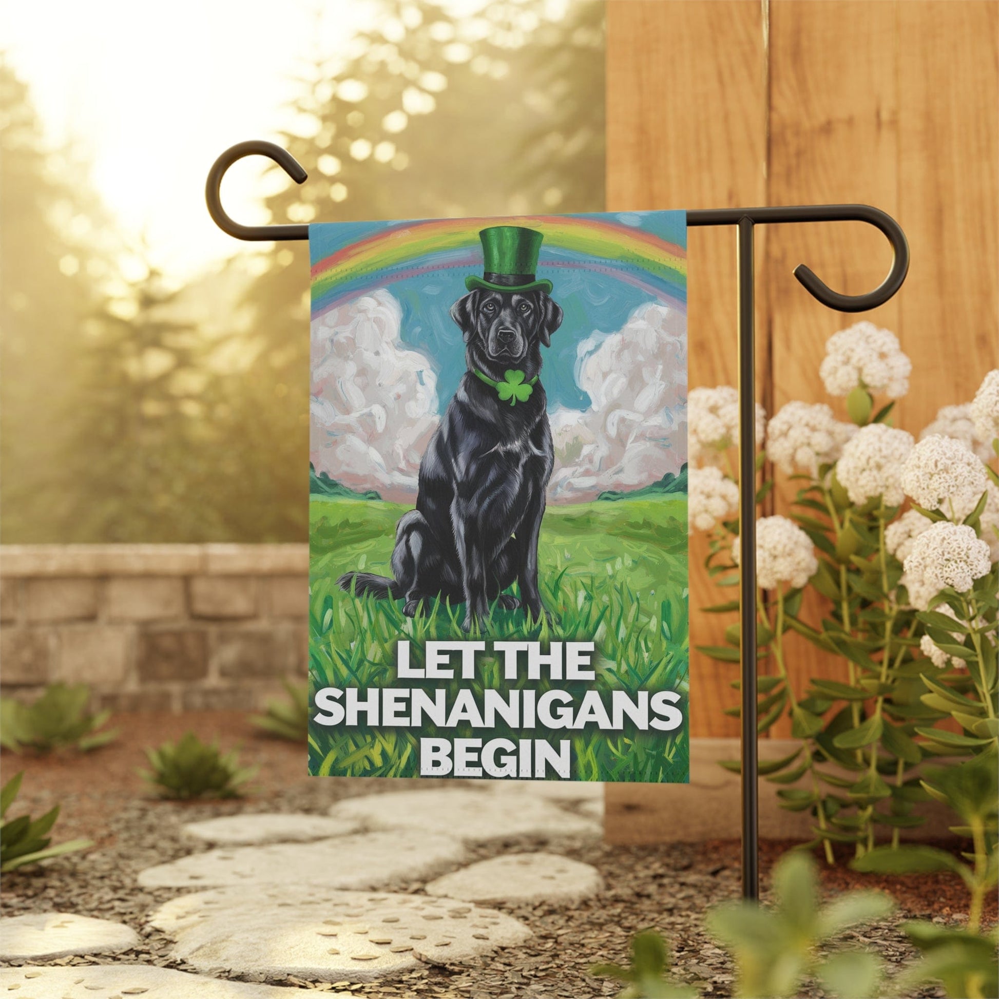 Printify Home Decor St. Patrick's Day Celebration, Black Labrador Retriever Whimsical Dog Illustration Garden Flag