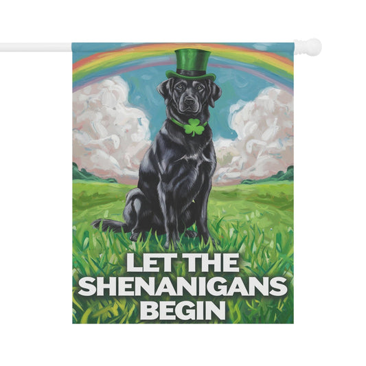 St. Patrick's Day Celebration, Black Labrador Retriever Whimsical Dog Illustration Garden Flag 24.5'' × 32''