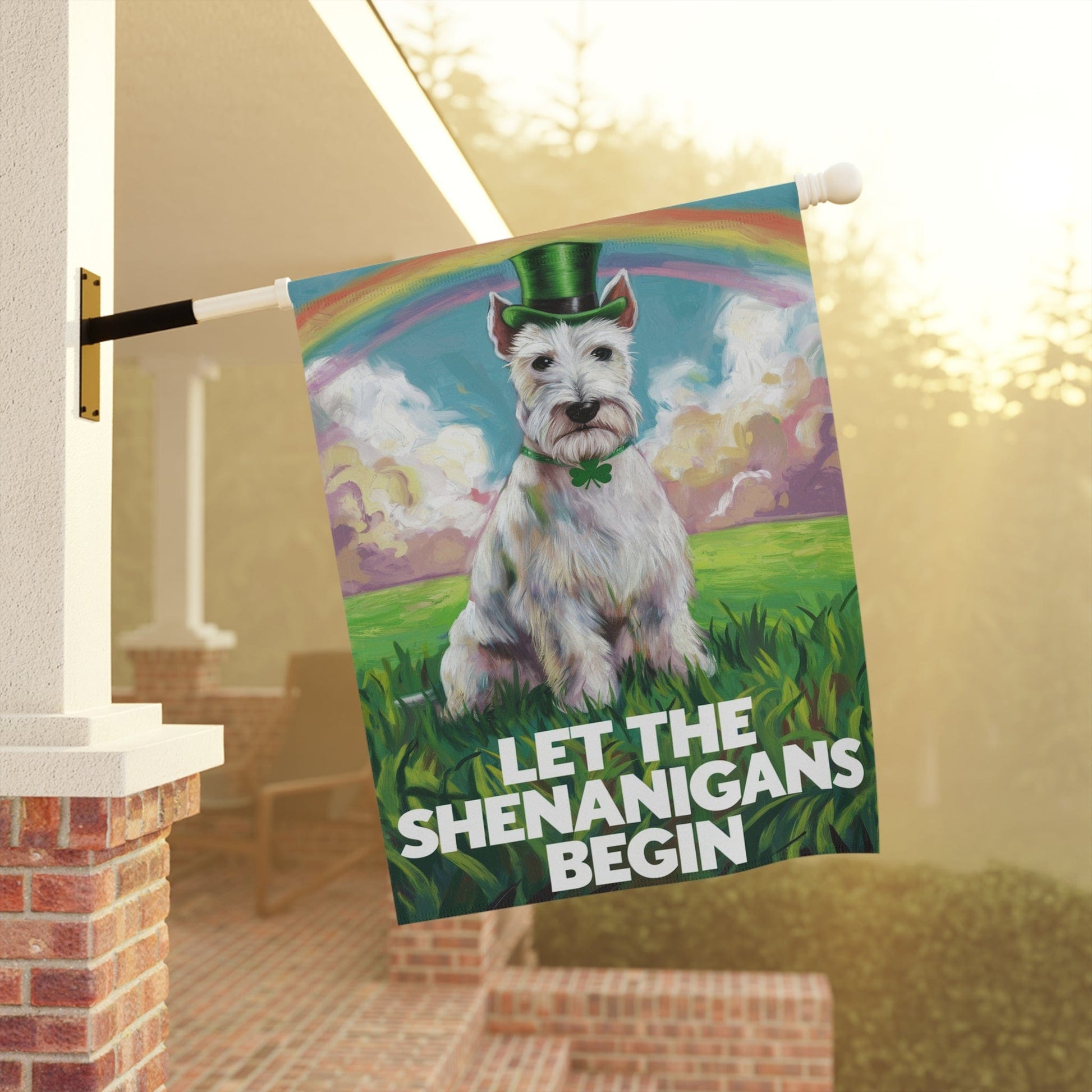 Printify Home Decor St. Patrick's Day White Scottish Terrier Lawn Flag, Rainbow Leprechaun Dog