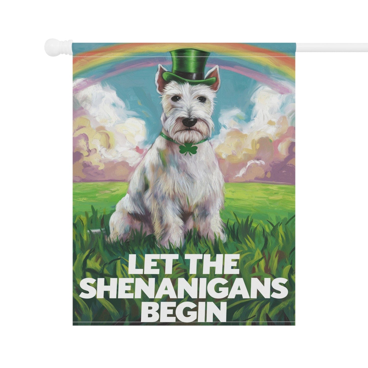 Printify Home Decor St. Patrick's Day White Scottish Terrier Lawn Flag, Rainbow Leprechaun Dog
