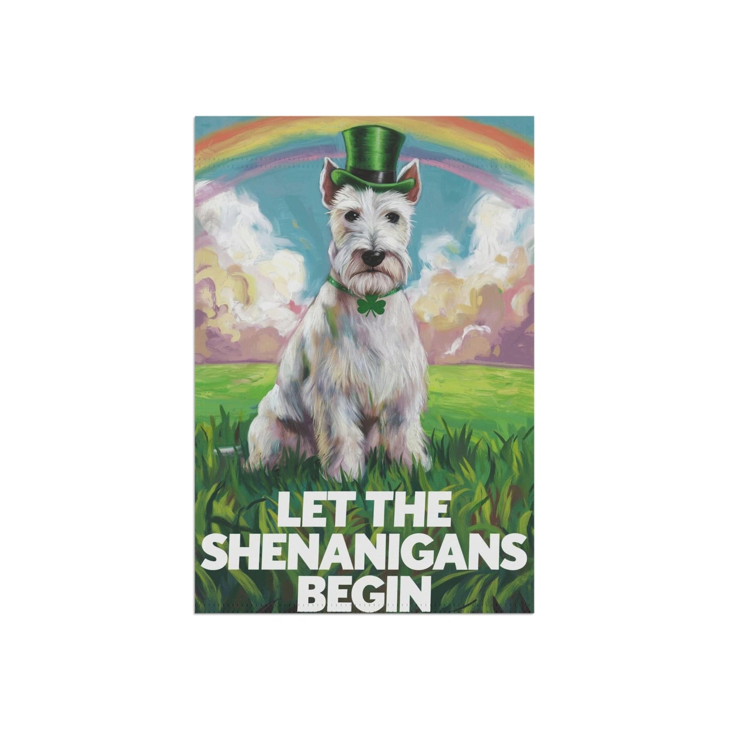 Printify Home Decor St. Patrick's Day White Scottish Terrier Lawn Flag, Rainbow Leprechaun Dog