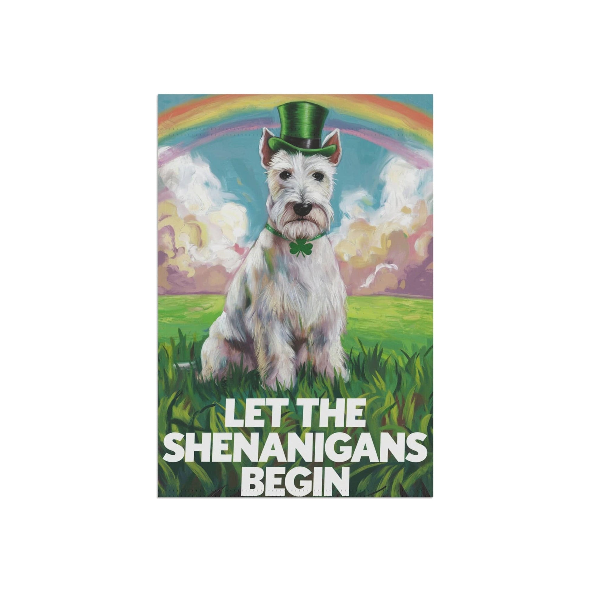 Printify Home Decor St. Patrick's Day White Scottish Terrier Lawn Flag, Rainbow Leprechaun Dog