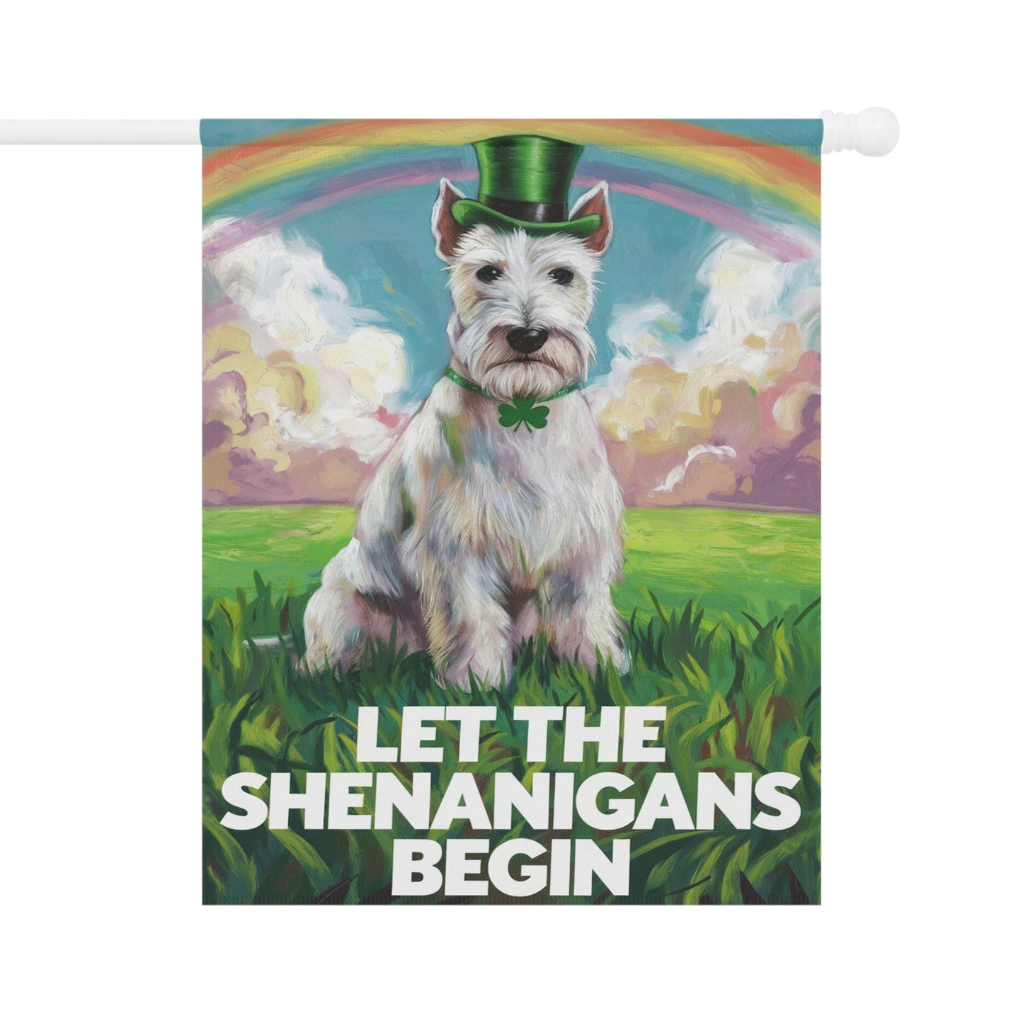 Printify Home Decor 24.5'' × 32'' St. Patrick's Day White Scottish Terrier Lawn Flag, Rainbow Leprechaun Dog