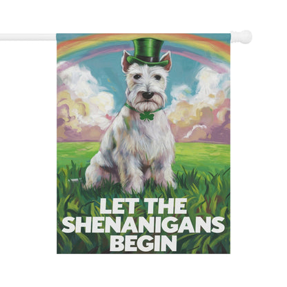 Printify Home Decor 24.5'' × 32'' St. Patrick's Day White Scottish Terrier Lawn Flag, Rainbow Leprechaun Dog