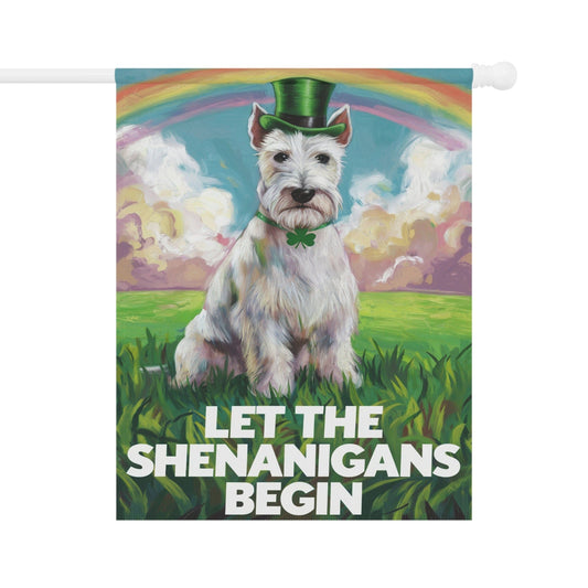 Printify Home Decor 24.5'' × 32'' St. Patrick's Day White Scottish Terrier Lawn Flag, Rainbow Leprechaun Dog
