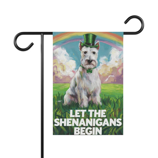 Printify Home Decor 12'' × 18'' St. Patrick's Day White Scottish Terrier Lawn Flag, Rainbow Leprechaun Dog