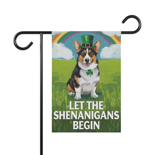Printify Home Decor 12'' × 18'' Tri Color Pembroke Corgi Garden Flag, Saint Patricks Funny Dog Yard Outside Decor