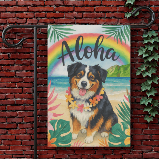 Printify Garden Flag 12'' × 18'' Tricolor Australian Shepherd Aloha Garden Flag