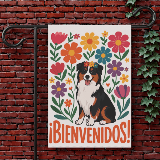 Printify Garden Flag 12'' × 18'' Tricolor Australian Shepherd Bienvenidos Garden Flag