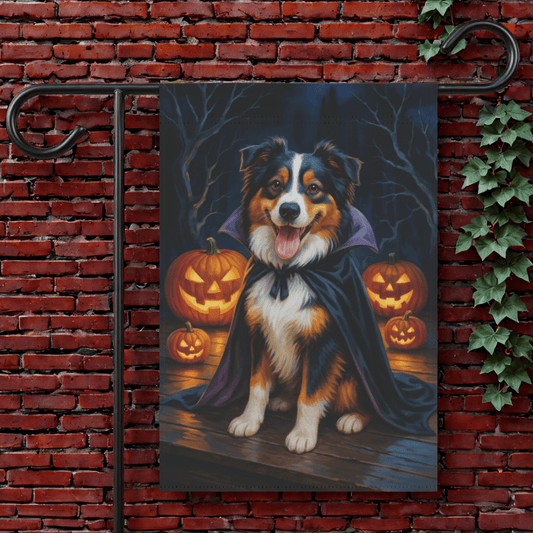 Printify Garden Flag 12'' × 18'' Tricolor Australian Shepherd Halloween Garden Flag