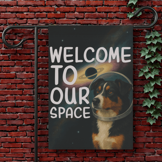 Printify Garden Flag 12'' × 18'' Tricolor Australian Shepherd Space Garden Flag