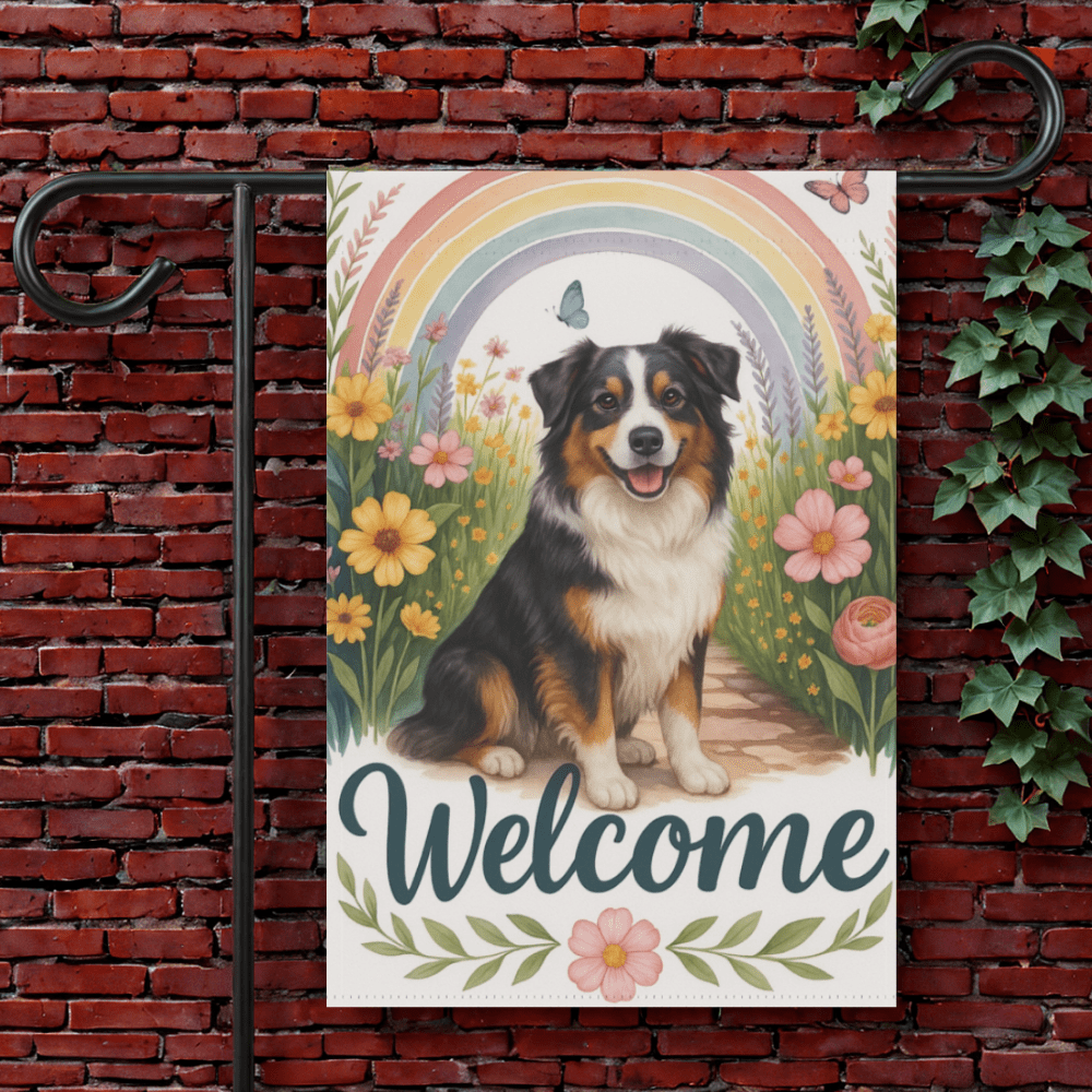 Printify Garden Flag 12'' × 18'' Tricolor Australian Shepherd Welcome Garden Flag