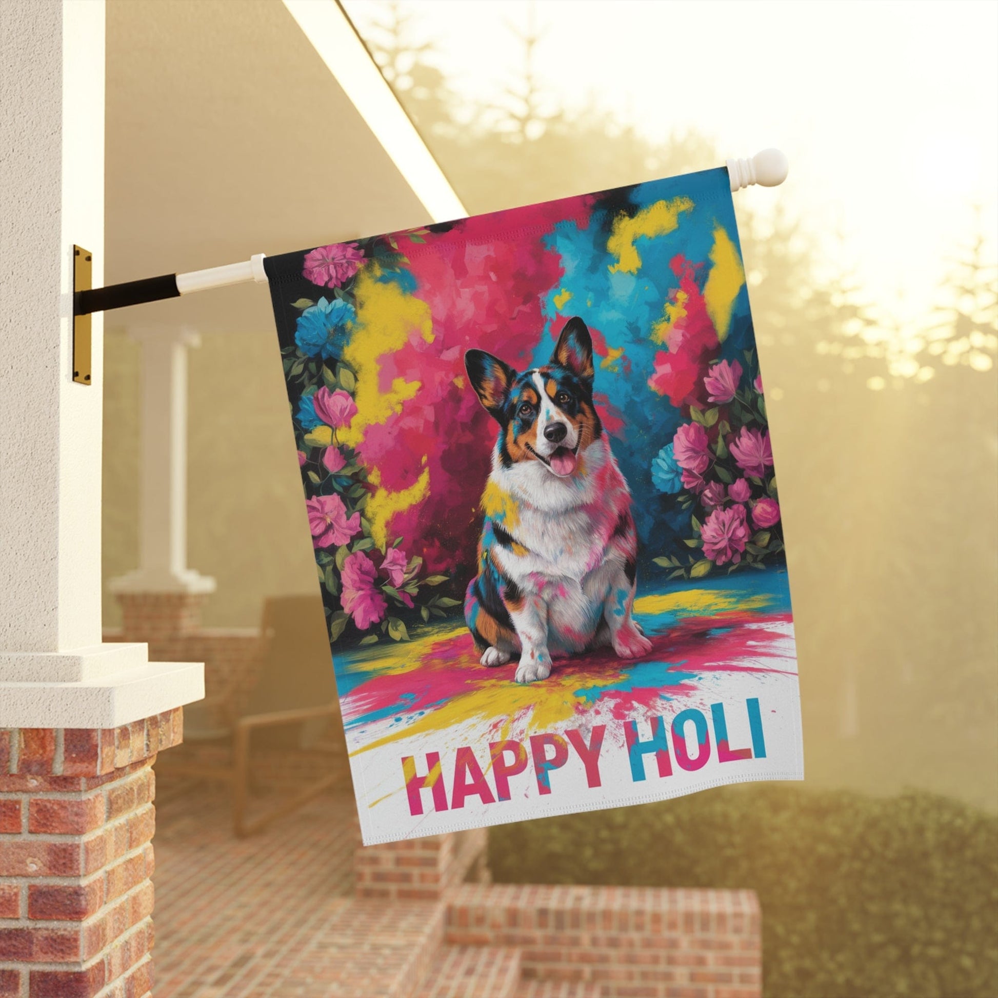 Printify Home Decor Tricolor Cardigan Corgi, Pembroke Holi Festival Garden Flag, Indian Celebrations Funny