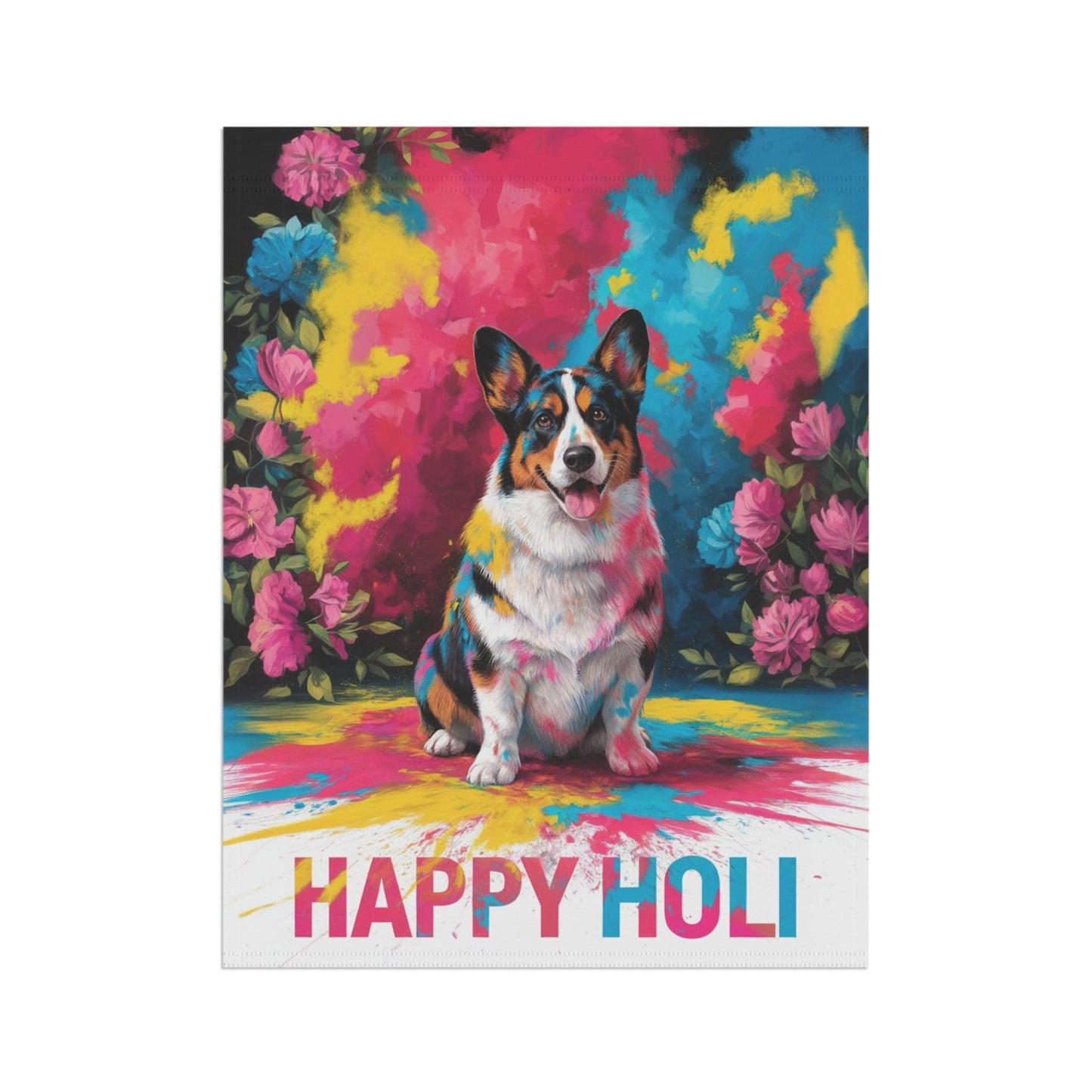 Printify Home Decor Tricolor Cardigan Corgi, Pembroke Holi Festival Garden Flag, Indian Celebrations Funny