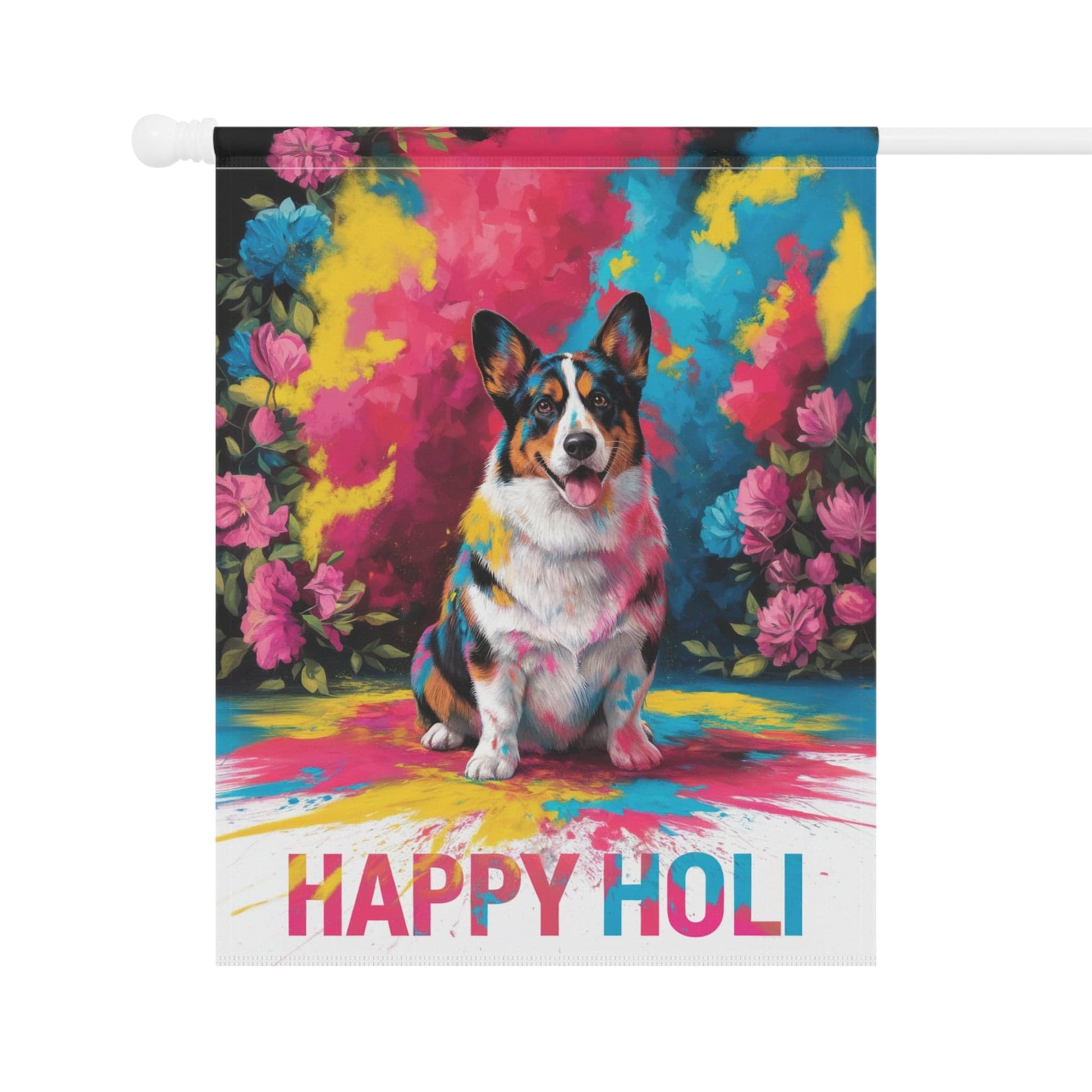 Printify Home Decor Tricolor Cardigan Corgi, Pembroke Holi Festival Garden Flag, Indian Celebrations Funny