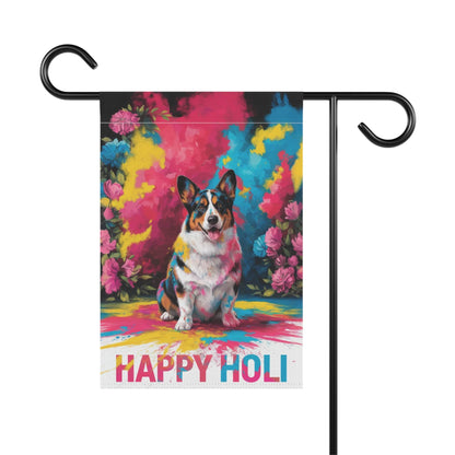 Printify Home Decor Tricolor Cardigan Corgi, Pembroke Holi Festival Garden Flag, Indian Celebrations Funny