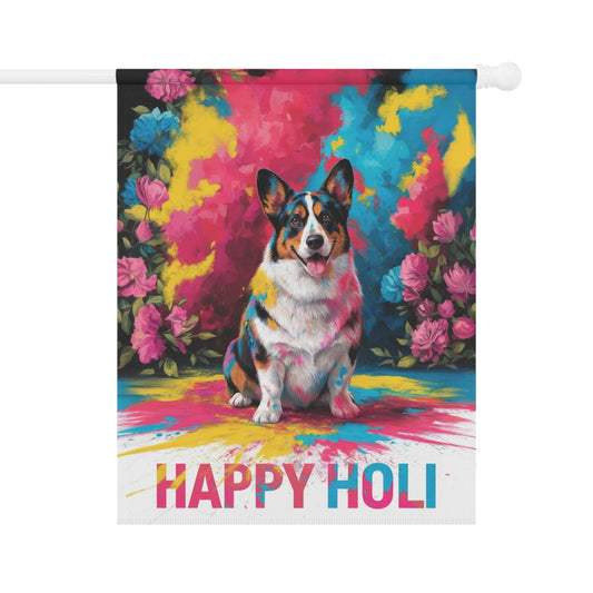 Printify Home Decor 24.5'' × 32'' Tricolor Cardigan Corgi, Pembroke Holi Festival Garden Flag, Indian Celebrations Funny