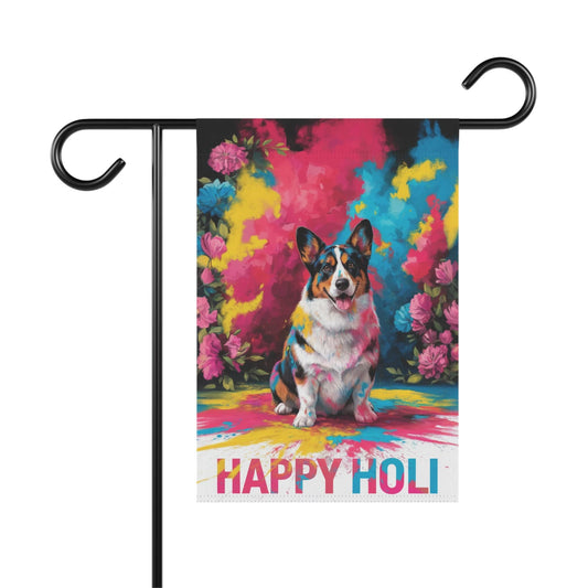 Printify Home Decor 12'' × 18'' Tricolor Cardigan Corgi, Pembroke Holi Festival Garden Flag, Indian Celebrations Funny
