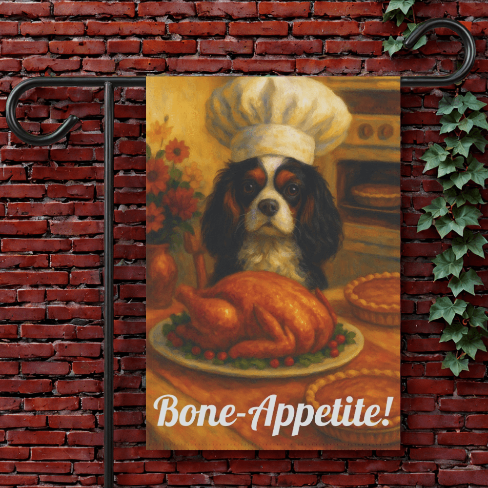 Tricolor Cavalier Bone-Appetite Garden Flag 12'' × 18''