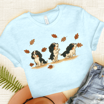 Personalized Cavalier Chasing Leaves Unisex TShirt Heather Ice Blue