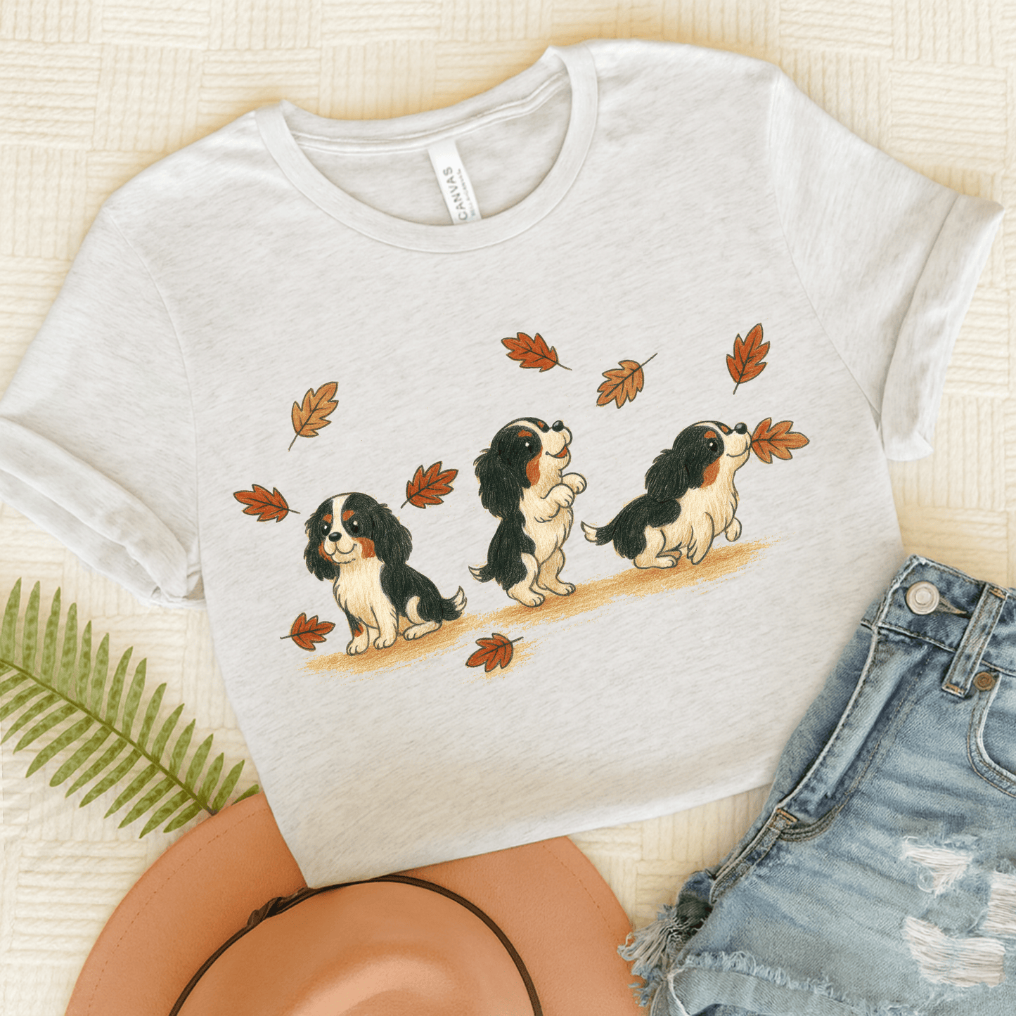 Personalized Cavalier Chasing Leaves Unisex TShirt Ash