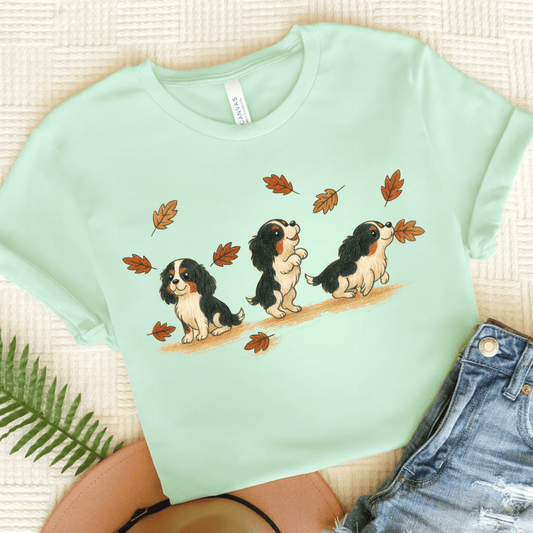 Personalized Cavalier Chasing Leaves Unisex TShirt Heather Mint