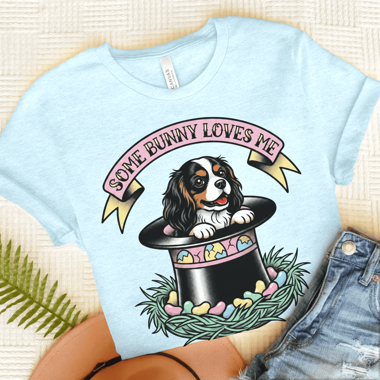 Personalized Cavalier Easter Top Hat Unisex TShirt Heather Ice Blue