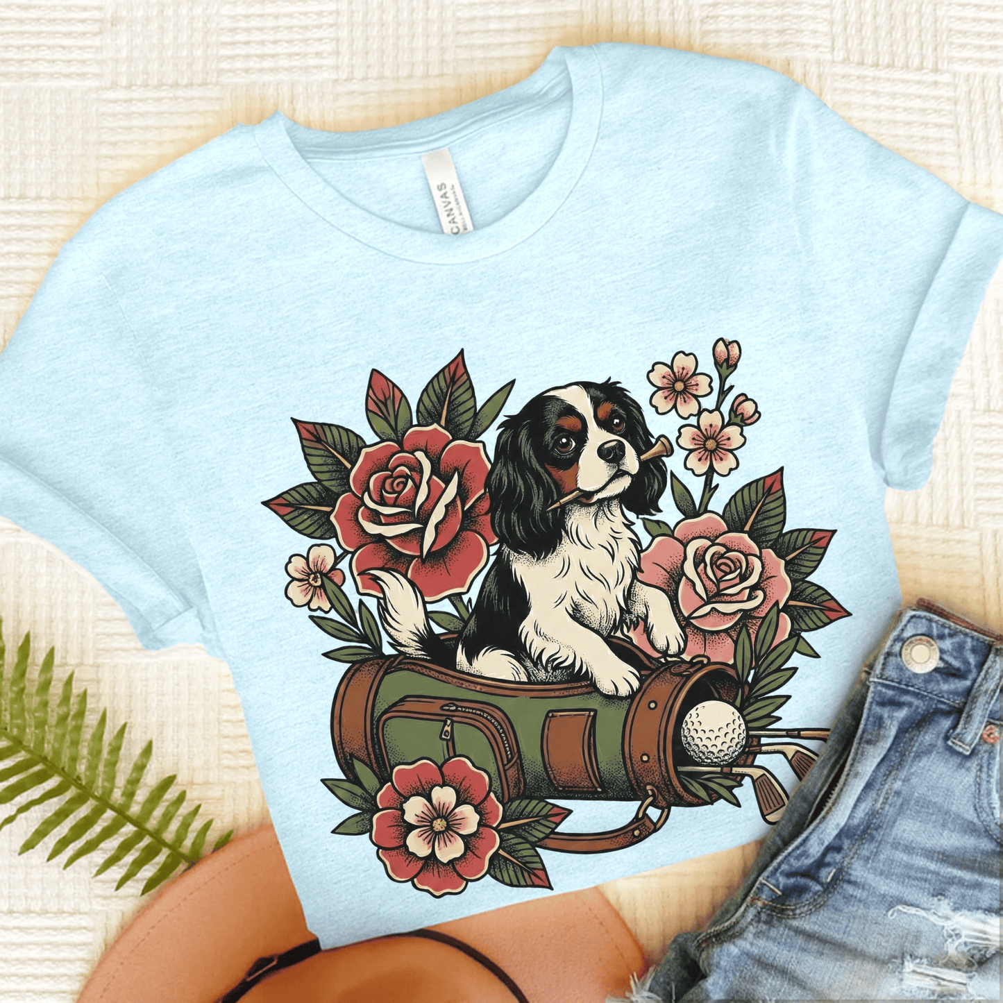 Personalized Cavalier Golfing Golfer Unisex TShirt Heather Ice Blue