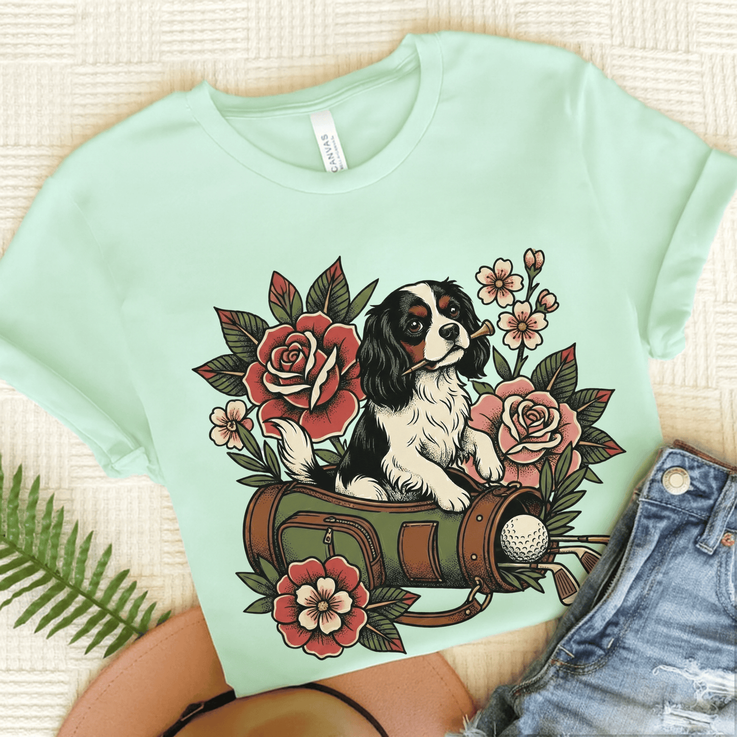 Personalized Cavalier Golfing Golfer Unisex TShirt Heather Mint