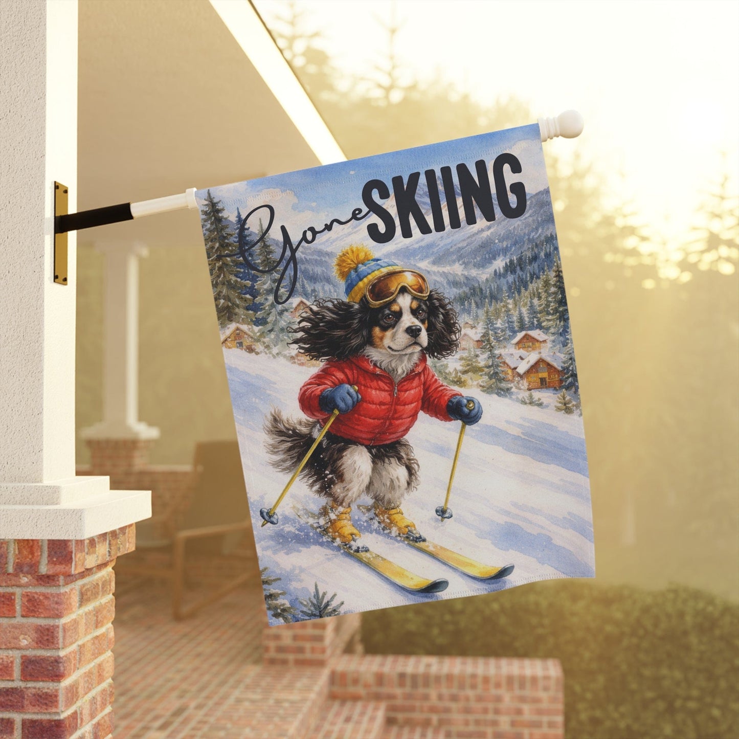 Personalized Cavalier Skiing Winter Garden Flag