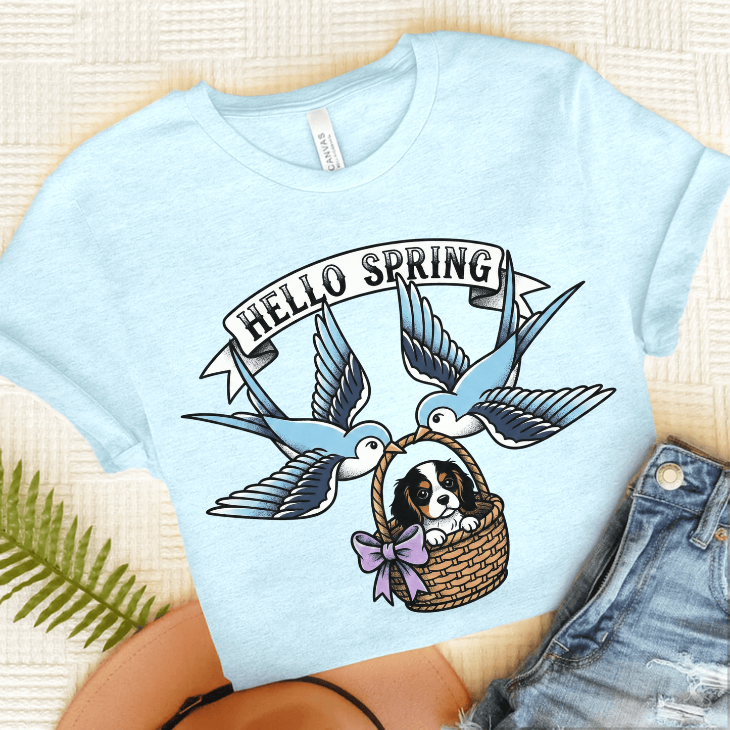 Personalized Cavalier Hello Spring Unisex TShirt Heather Ice Blue