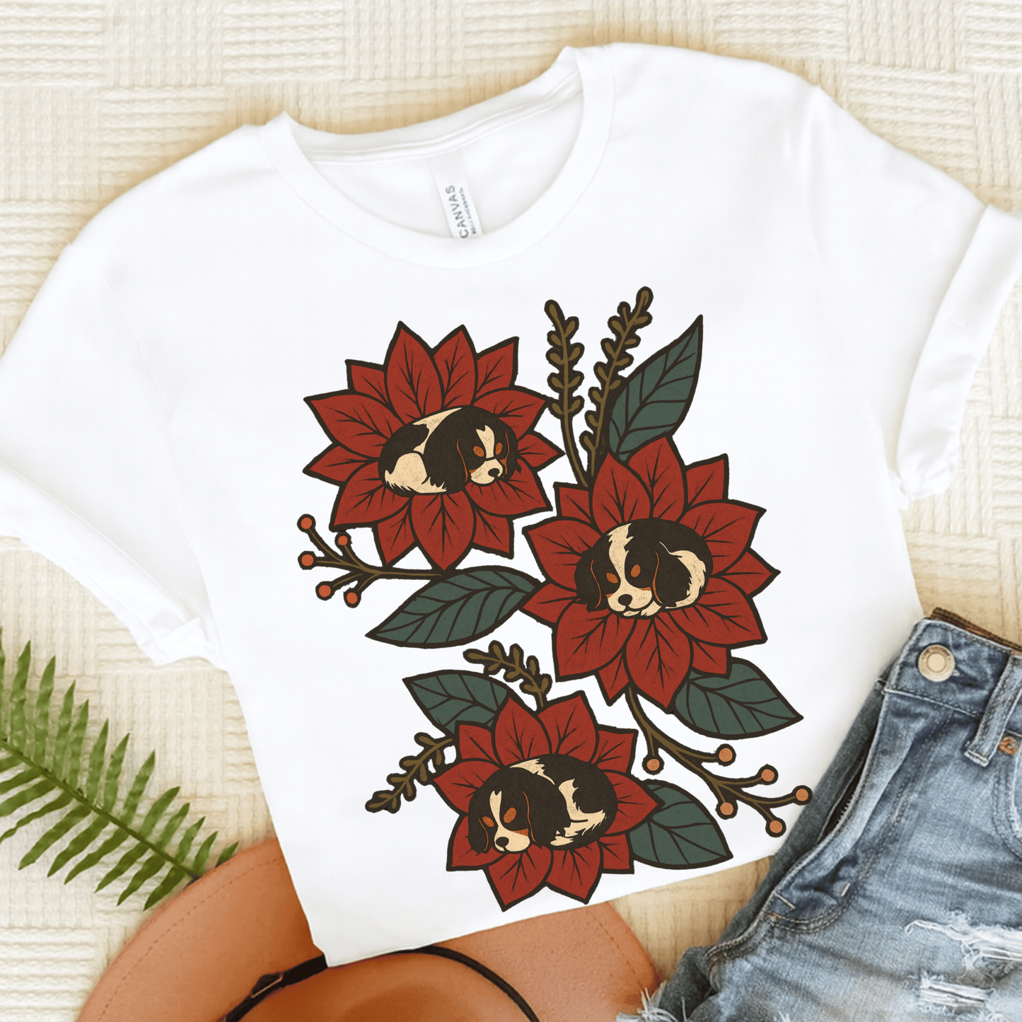 Personalized Cavalier Holiday Flowers Unisex TShirt White
