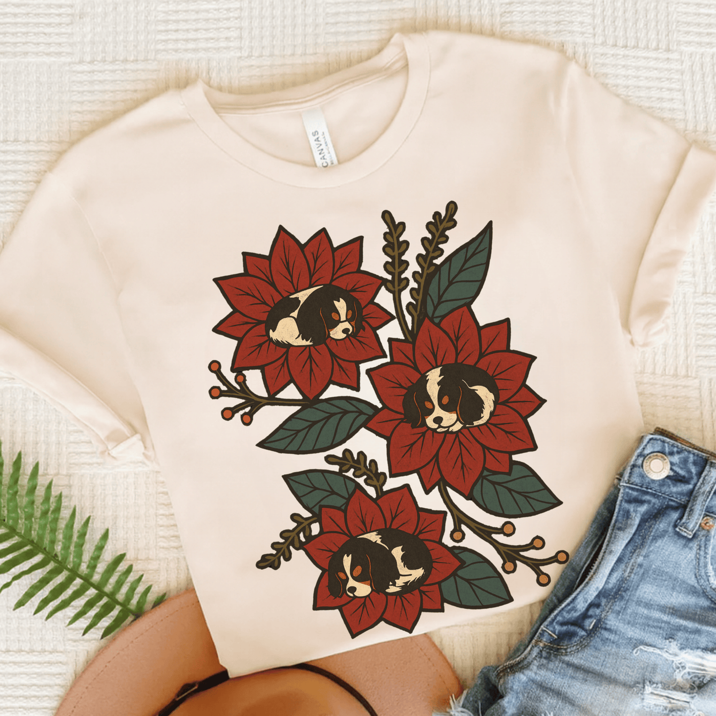 Personalized Cavalier Holiday Flowers Unisex TShirt Natural