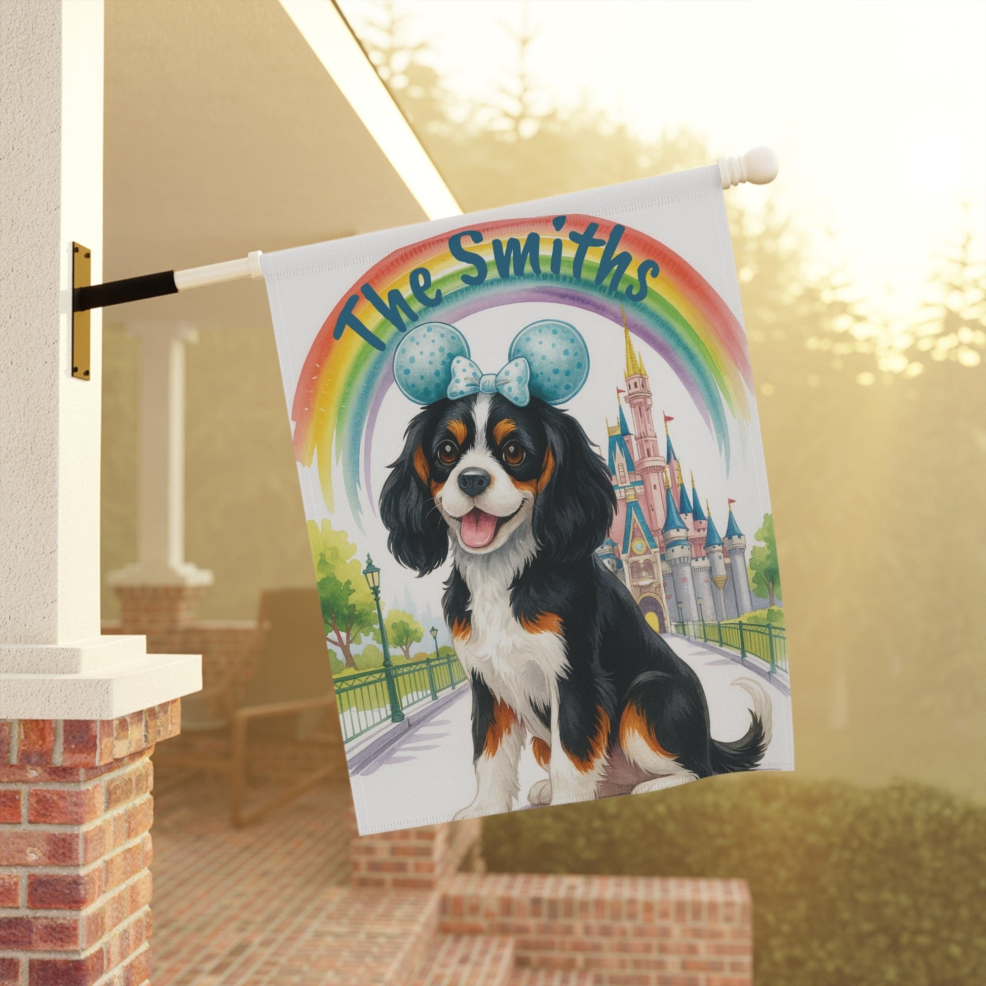 Printify Home Decor Tricolor Cavalier King Charles Bulldog Magical Kingdom Garden Flag