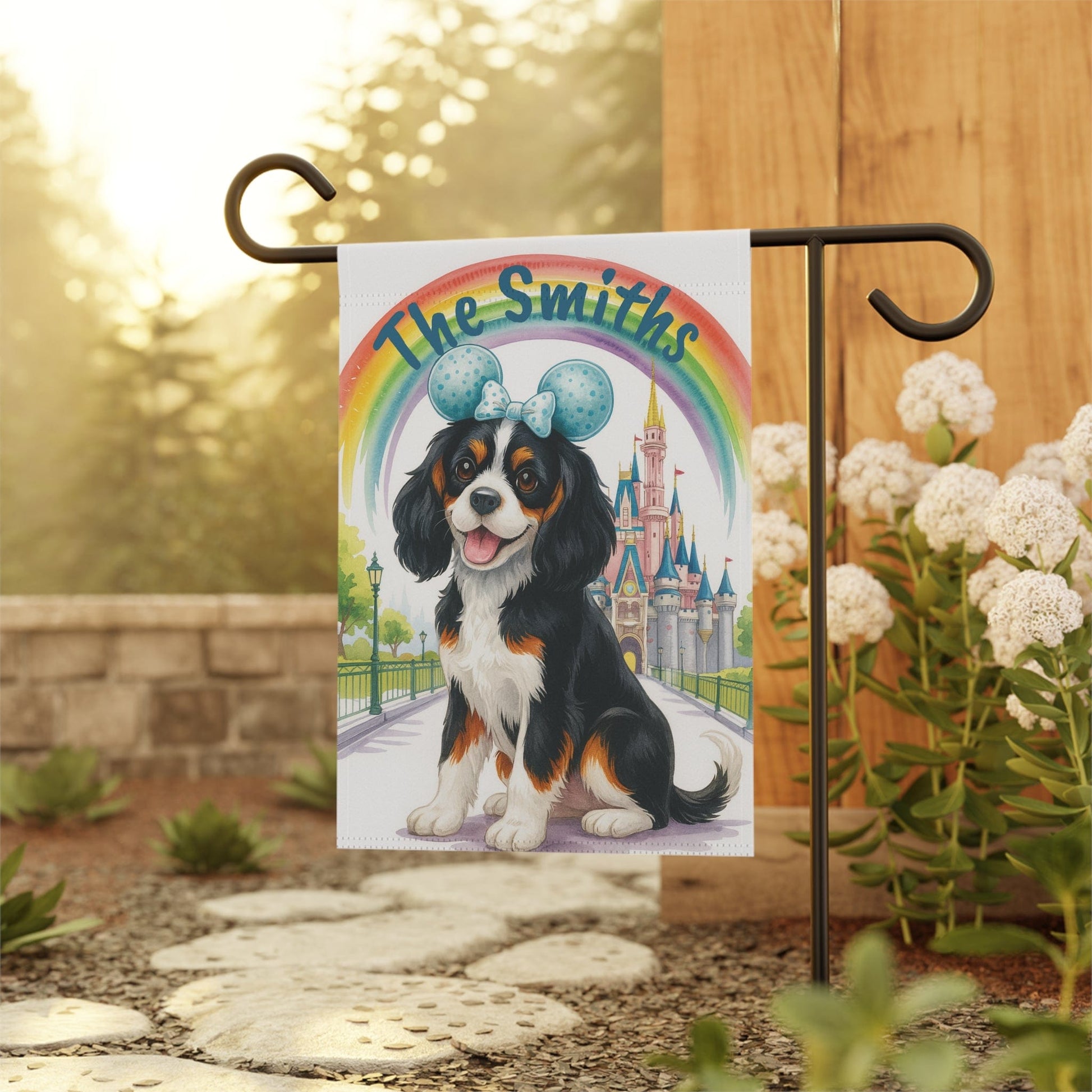 Printify Home Decor Tricolor Cavalier King Charles Bulldog Magical Kingdom Garden Flag