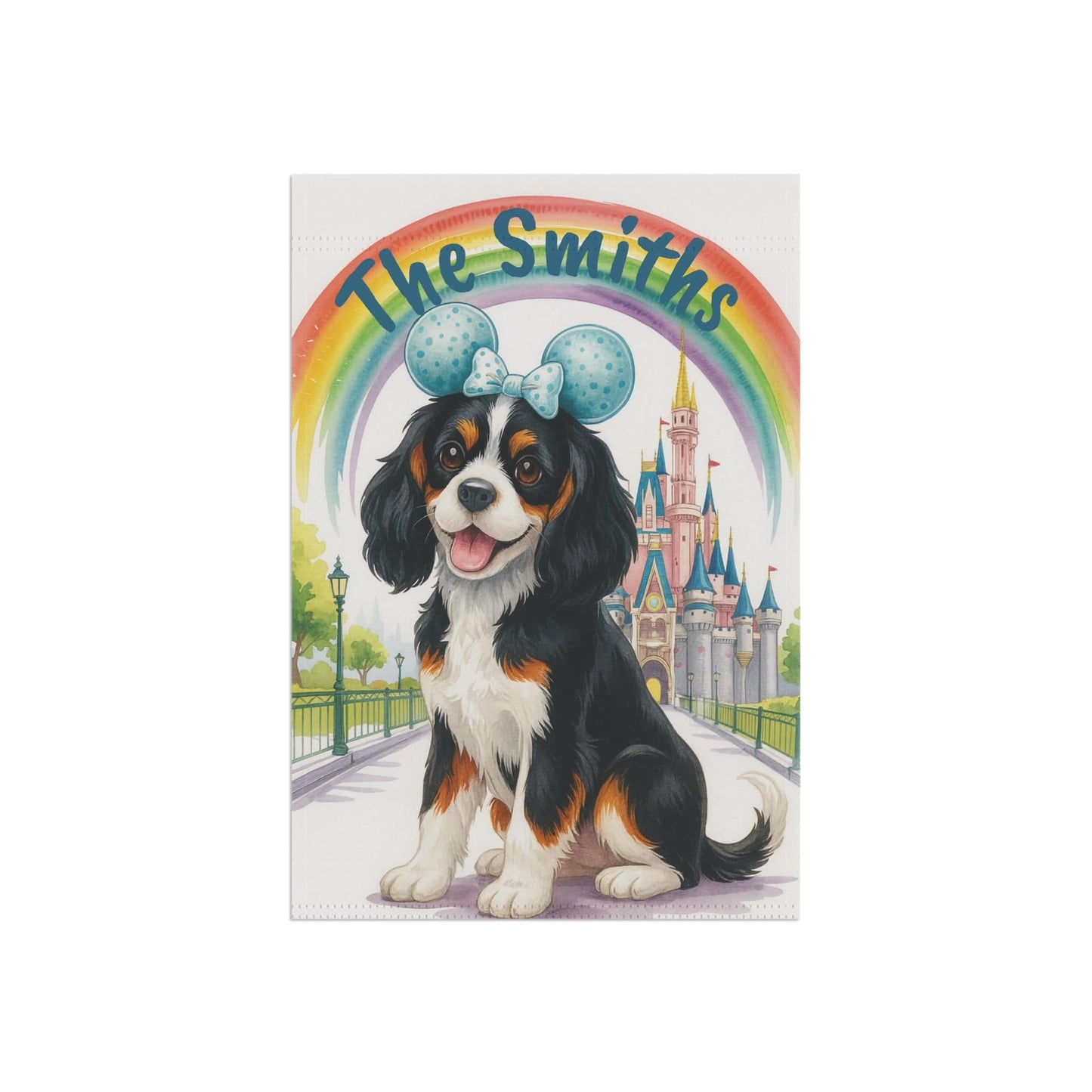 Printify Home Decor Tricolor Cavalier King Charles Bulldog Magical Kingdom Garden Flag