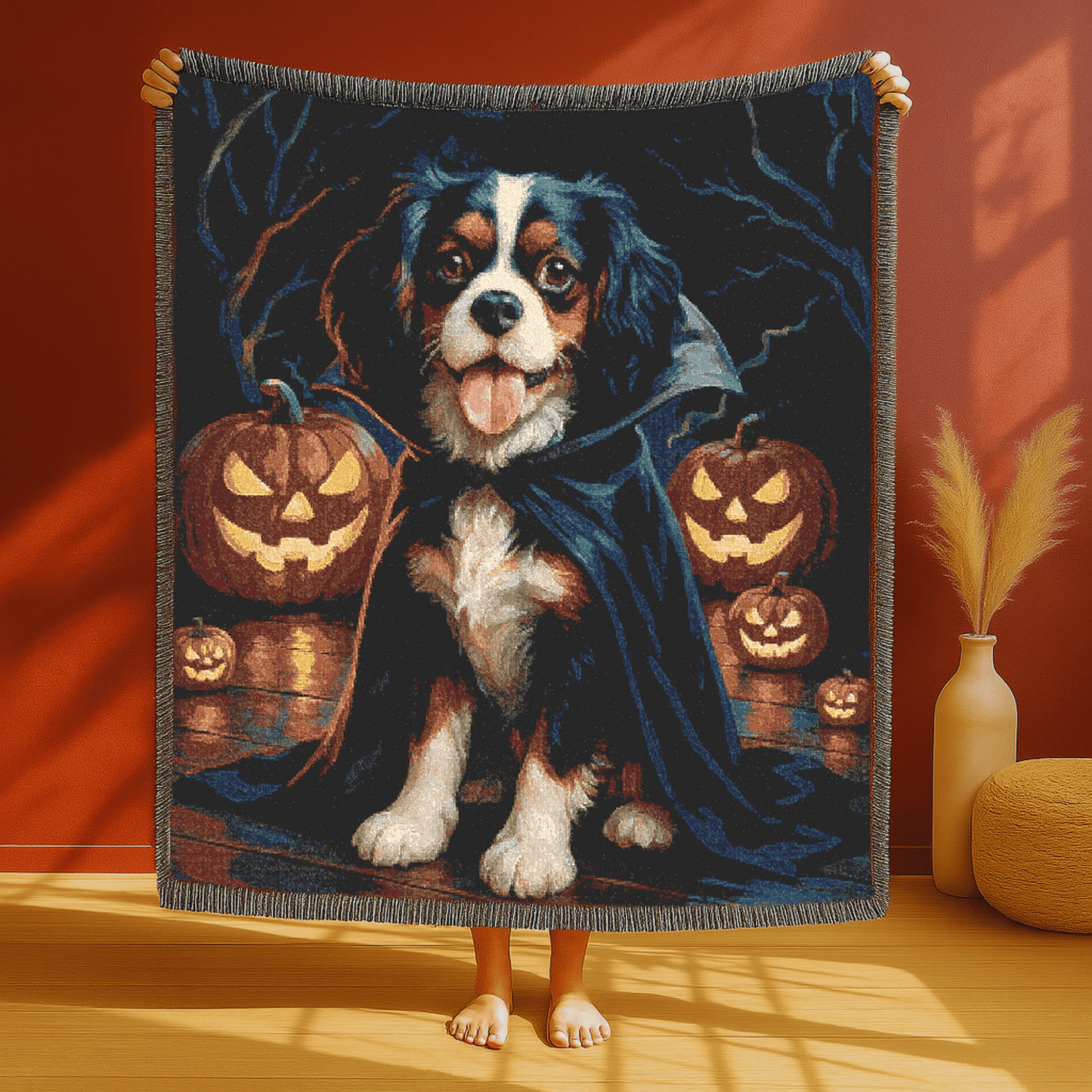 Printify Blanket Tricolor Cavalier King Charles Dog Halloween Woven Blanket