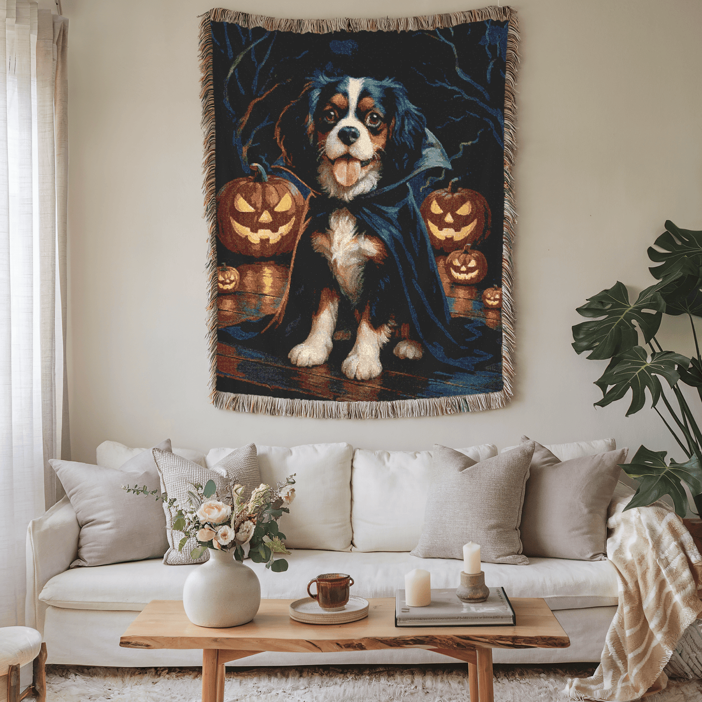 Printify Blanket Tricolor Cavalier King Charles Dog Halloween Woven Blanket