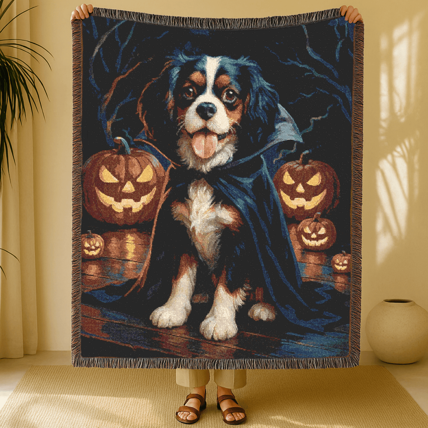 Printify Blanket Tricolor Cavalier King Charles Dog Halloween Woven Blanket