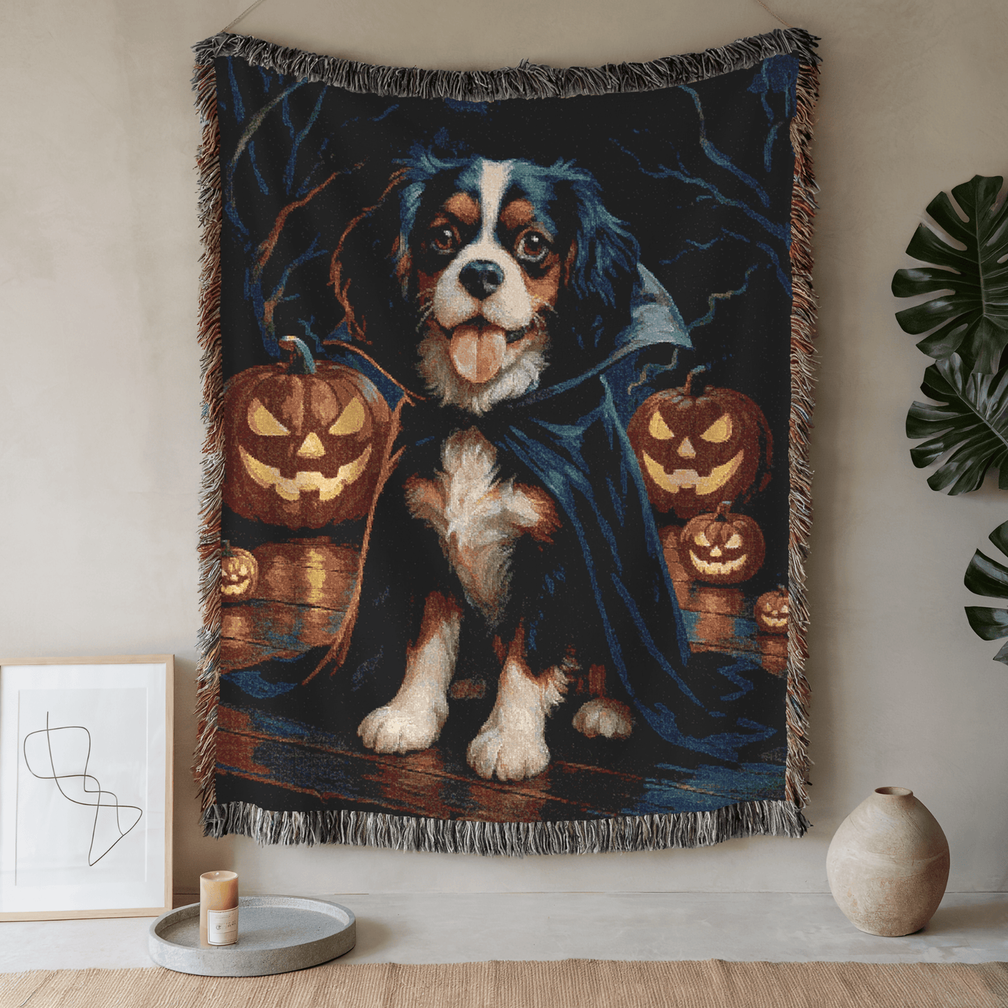 Printify Blanket 52'' × 37'' Tricolor Cavalier King Charles Dog Halloween Woven Blanket