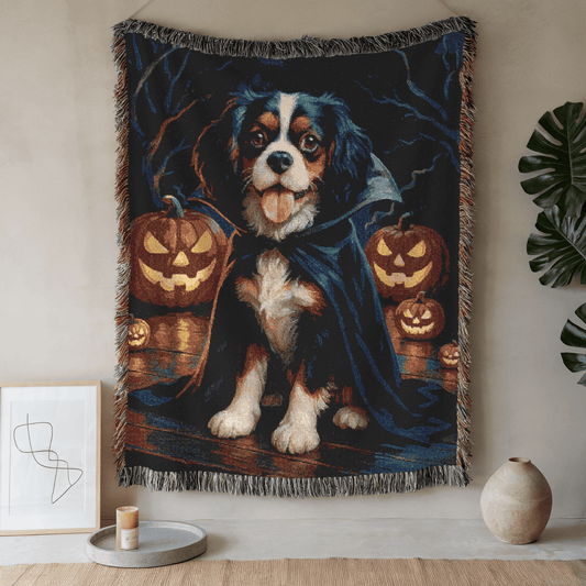 Printify Blanket 52'' × 37'' Tricolor Cavalier King Charles Dog Halloween Woven Blanket
