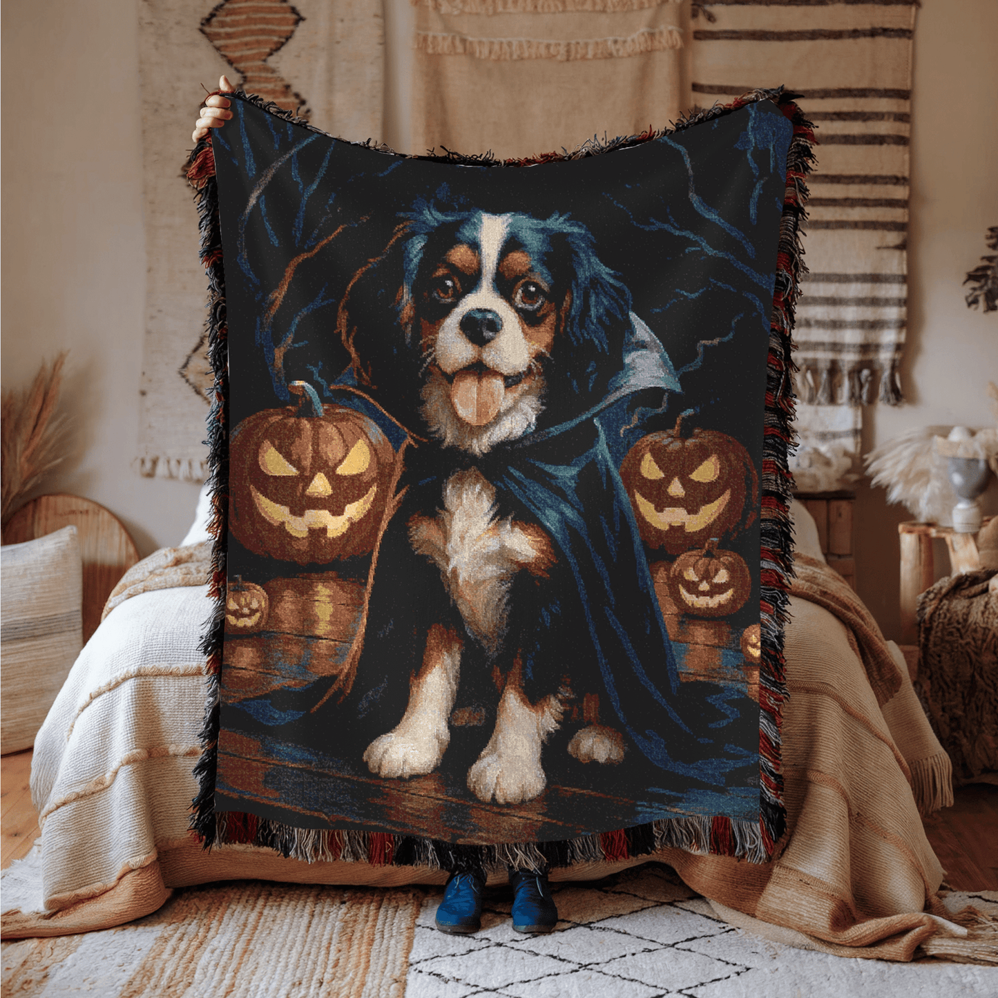 Printify Blanket Tricolor Cavalier King Charles Dog Halloween Woven Blanket