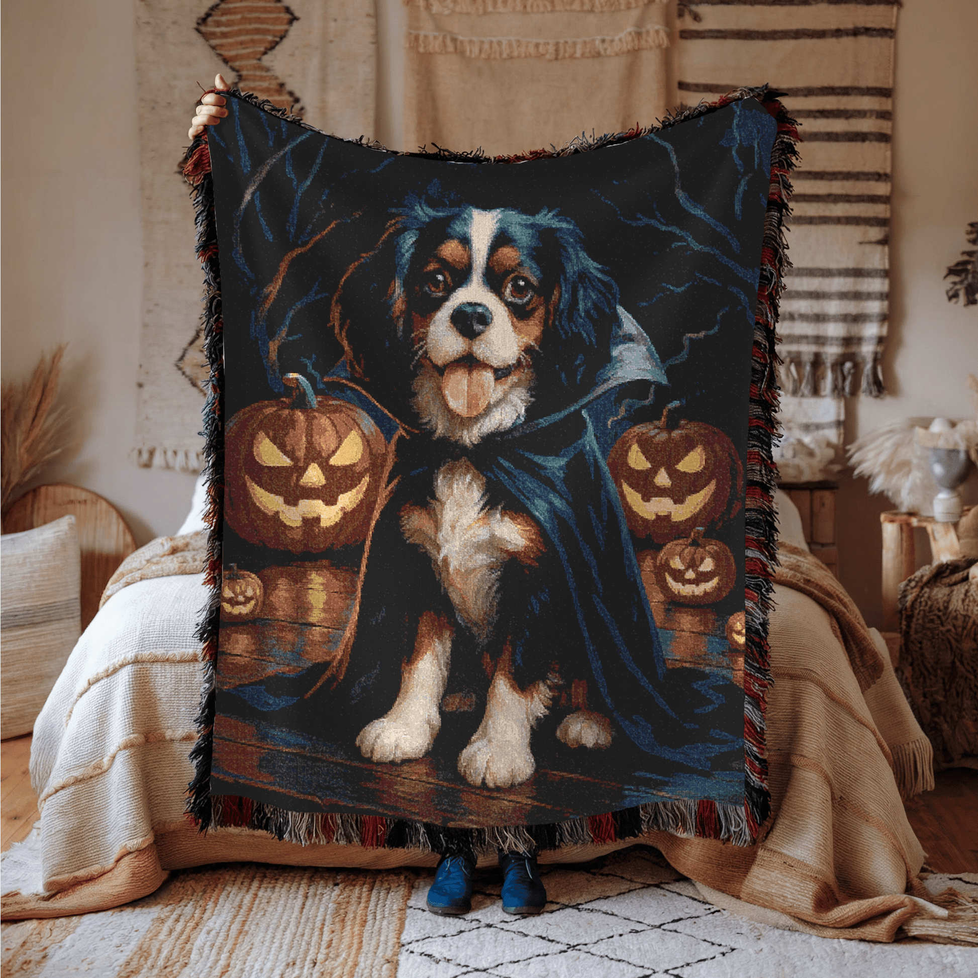 Printify Blanket Tricolor Cavalier King Charles Dog Halloween Woven Blanket