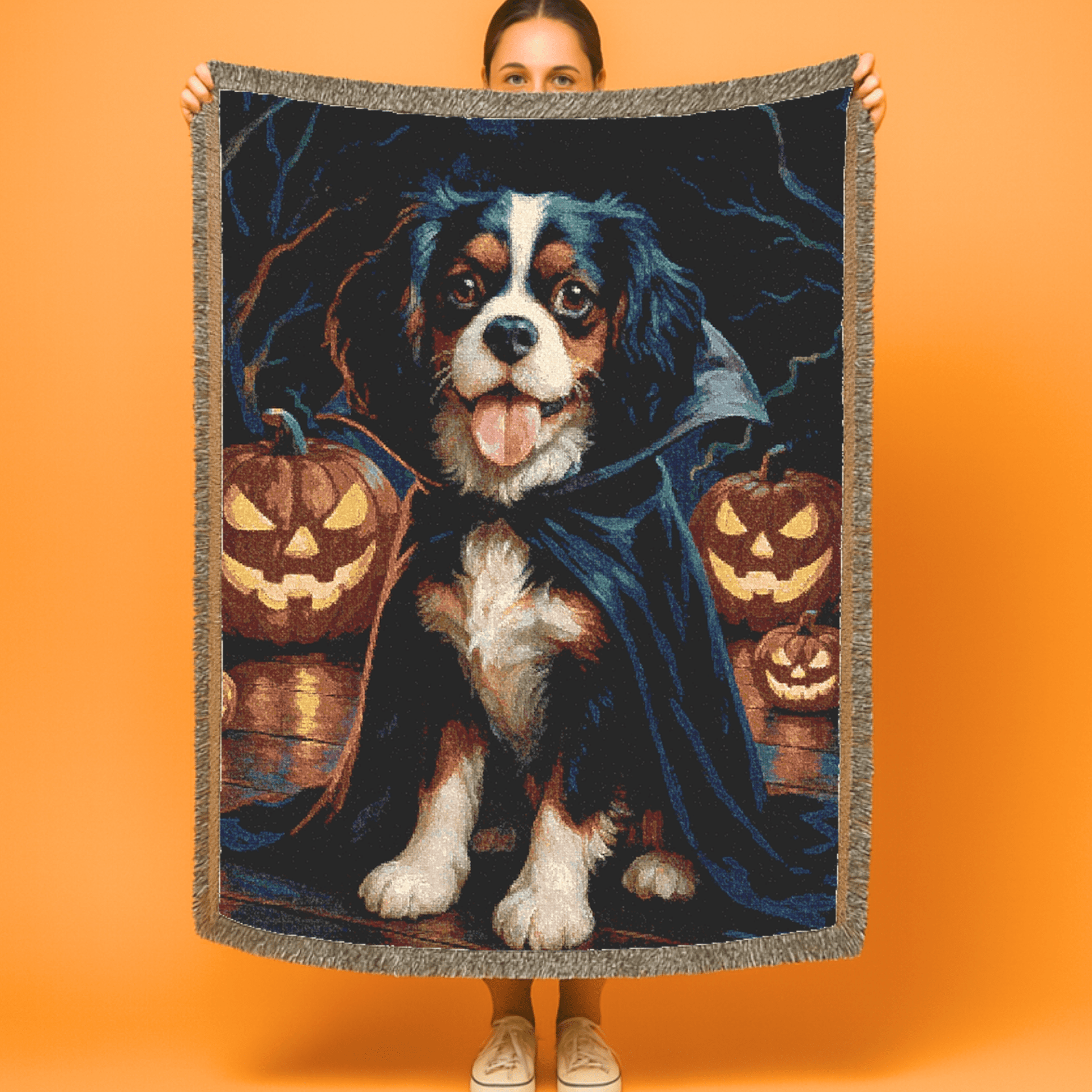 Printify Blanket Tricolor Cavalier King Charles Dog Halloween Woven Blanket