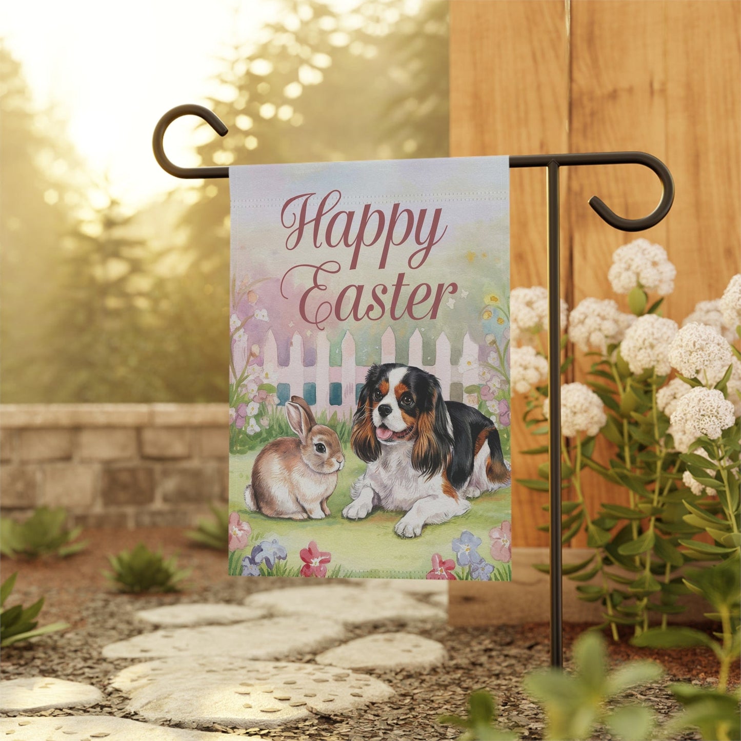 Printify Garden Flag Tricolor Cavalier King Charles Easter Garden Flag