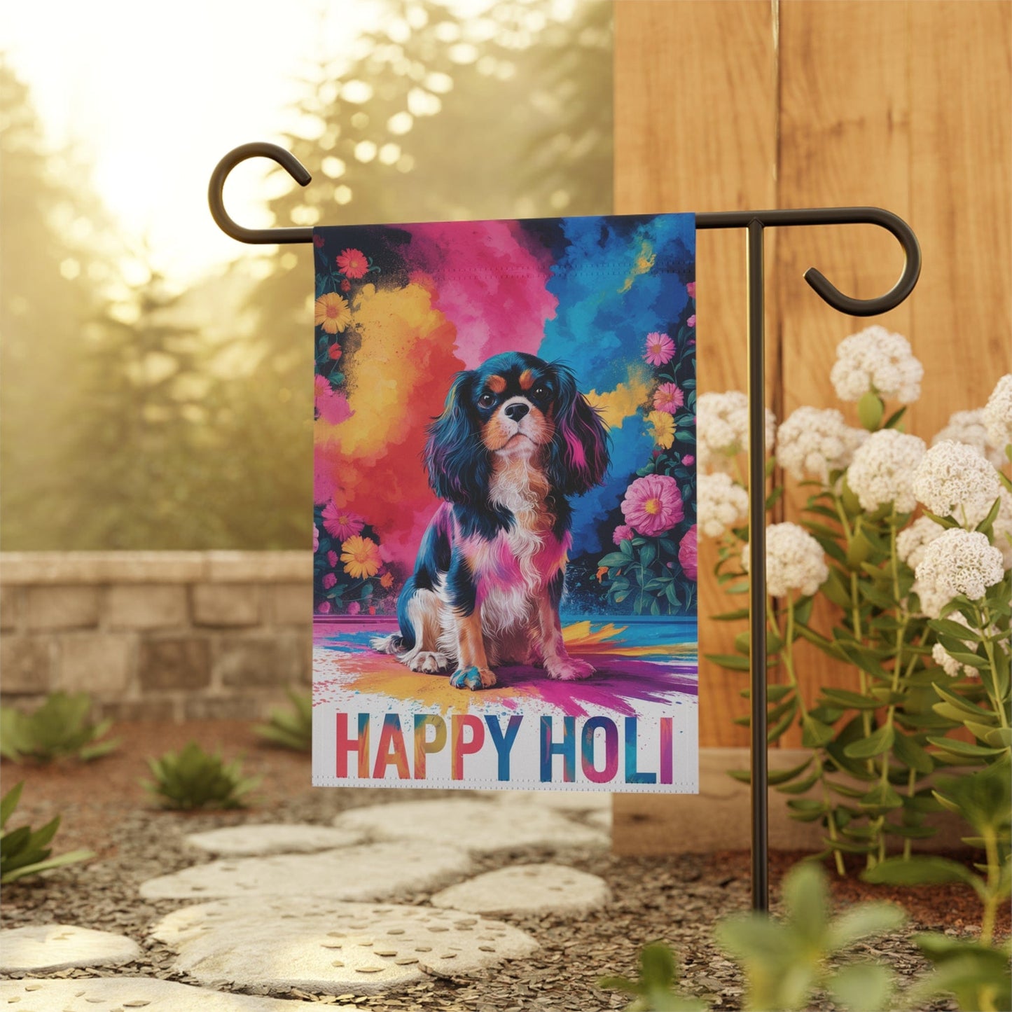 Printify Garden Flag Tricolor Cavalier King Charles Holi Festival Garden Flag