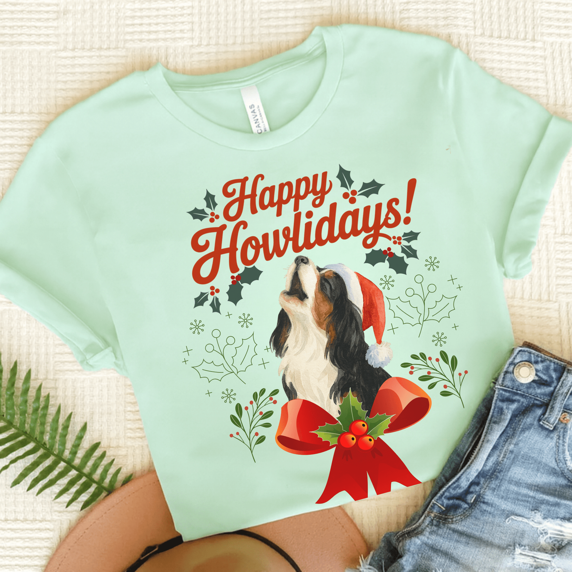 Printify T-Shirt Heather Mint / S Tricolor Cavalier King Charles Howlidays TShirt